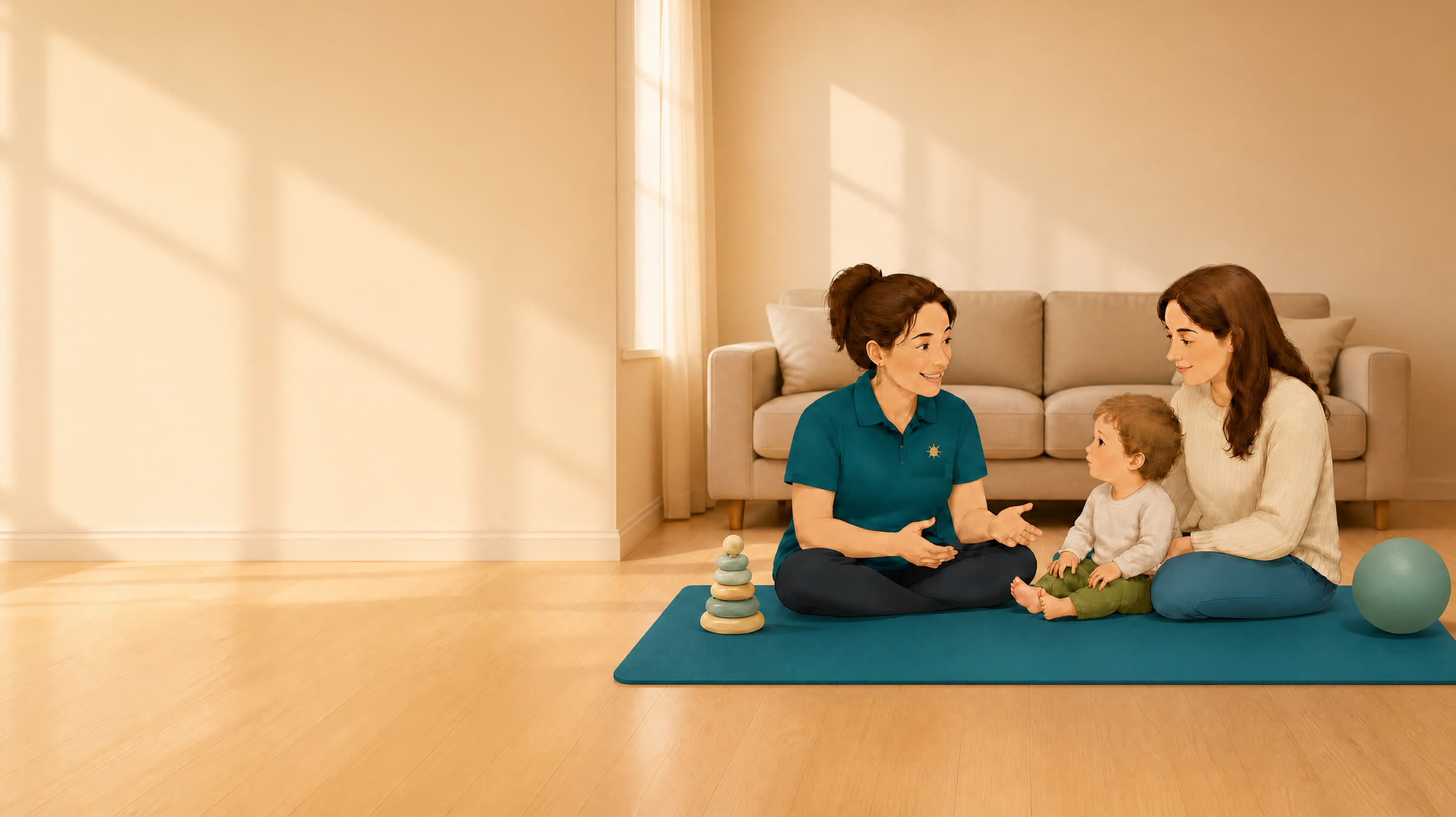 Illustration of a paediatric physiotherapy session at home with a young child and parent