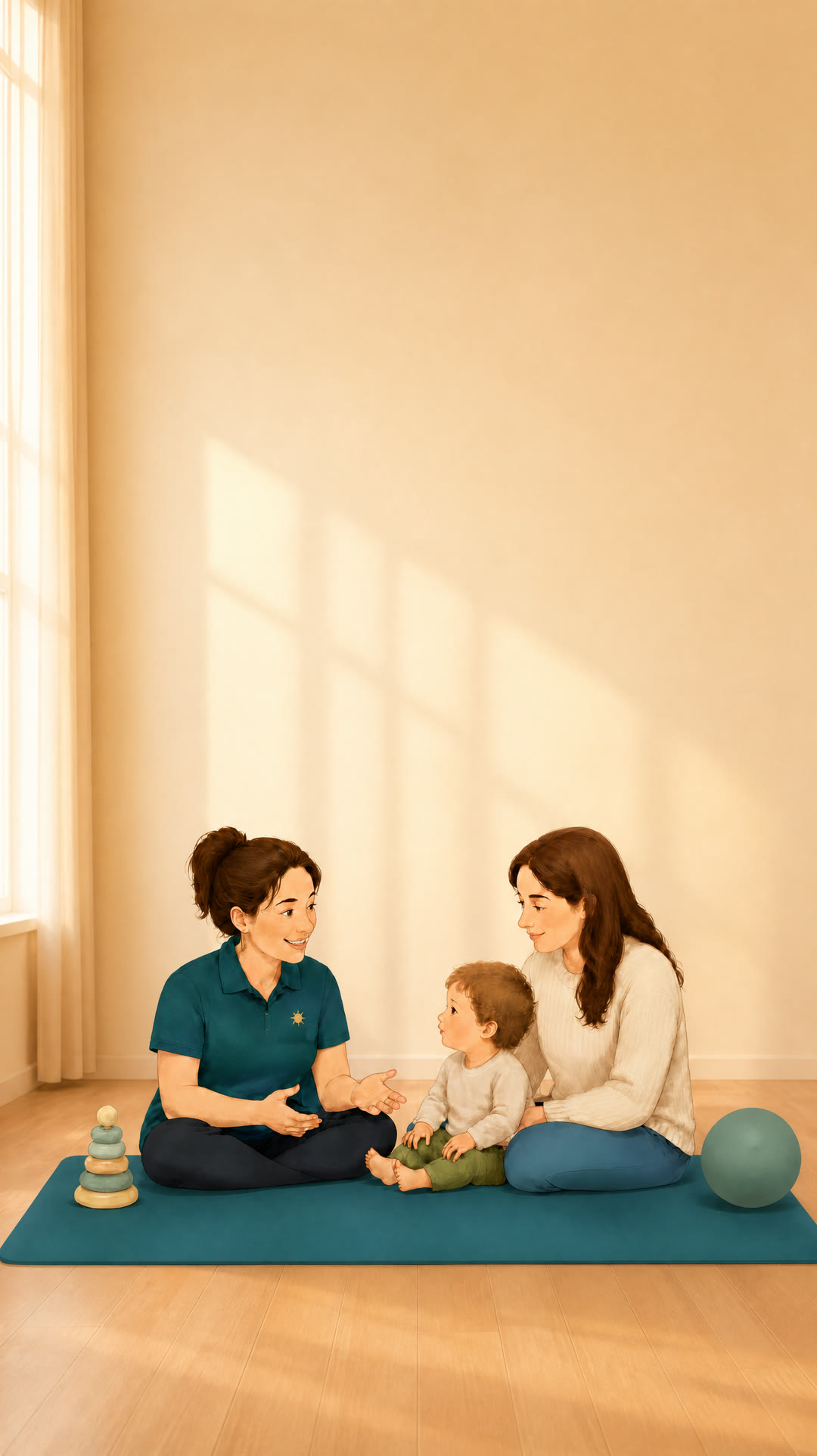 Illustration of a paediatric physiotherapy session at home with a young child and parent